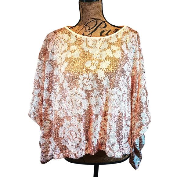 ENTRO WOMEN'S MEDIUM PINK GOLD SEQUIN PONCHO DOLMAN BLOUSE TOP - Picture 12 of 12
